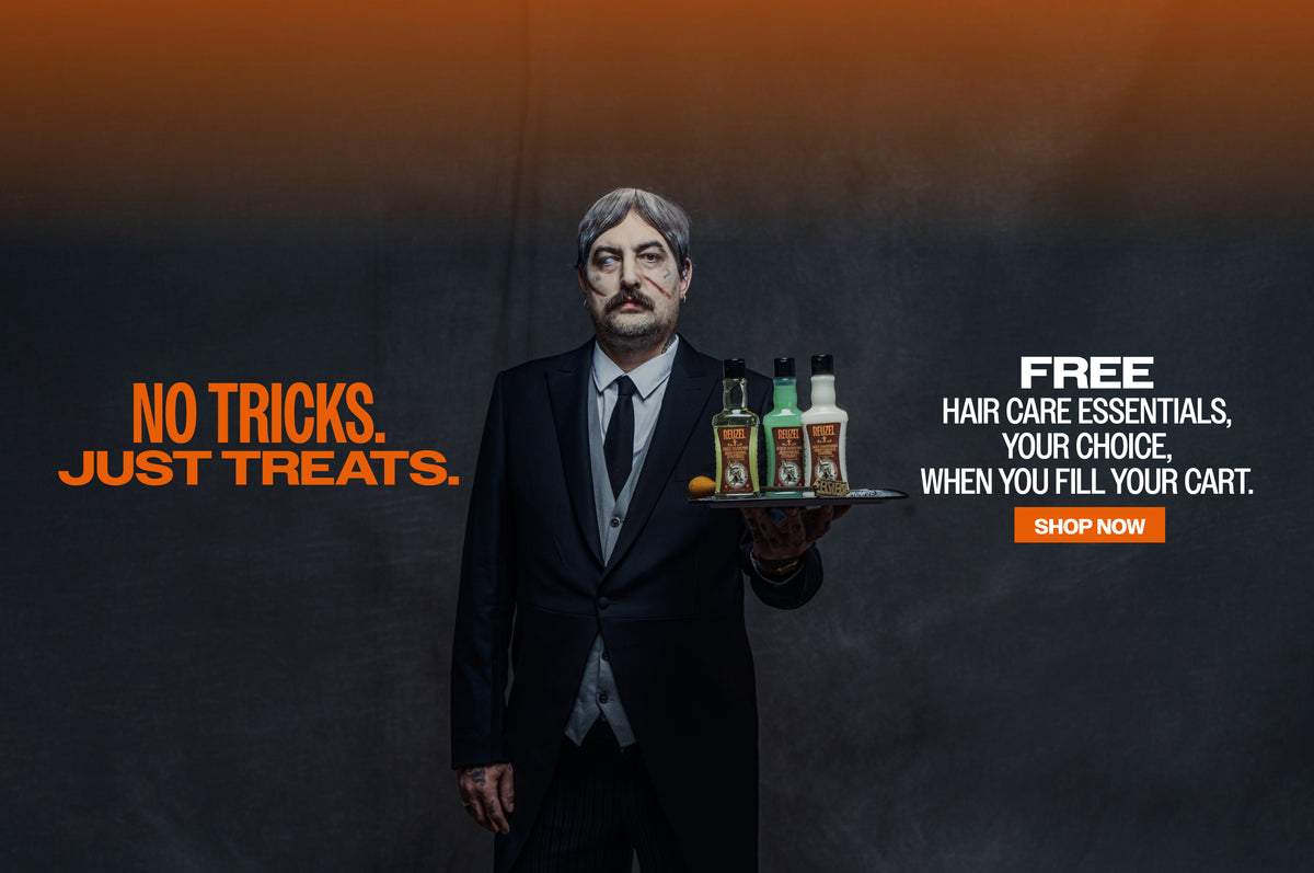 REUZEL promotional banner. "No tricks. Just treats. FREE hair care essentials, your choice, when you fill your cart." "SHOP NOW" click to shop now