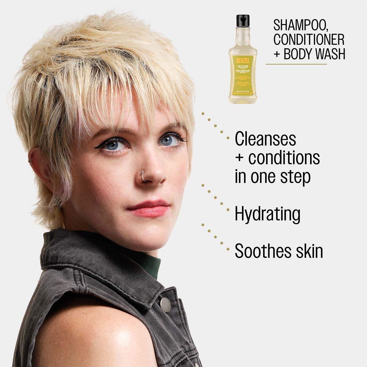 Reuzel Shampoo, Conditioner, and Body Wash cleanses and conditions in one step hydrating soothes skin