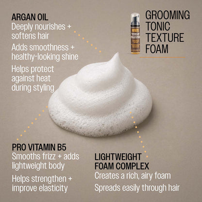 Reuzel grooming tonic texture foam argan oil deeply nourishes and softens hair adds smoothness and healthy-looking shine helps protect against heat during styling pro vitamin b5 smooths frizz and adds lightweight body helps strengthen and improve elasticity lightweight foam complex creates a rich, airy foam spreads easily through hair