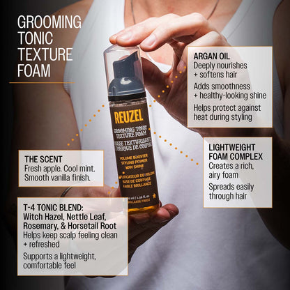 Reuzel grooming tonic texture foam the scent fresh apple cool mint smooth vanilla finish argan oil deeply nourishes and softens hair adds smoothness and healthy looking shine helps protect against heat during styling lightweight foam complex creates a rich, airy foam spreads easily through hair t-4 tonic blend: witch hazel, nettle leaf, rosemary, and horsetail root helps keep scalp feeling clean and refreshed supports a lightweight, comfortable feel