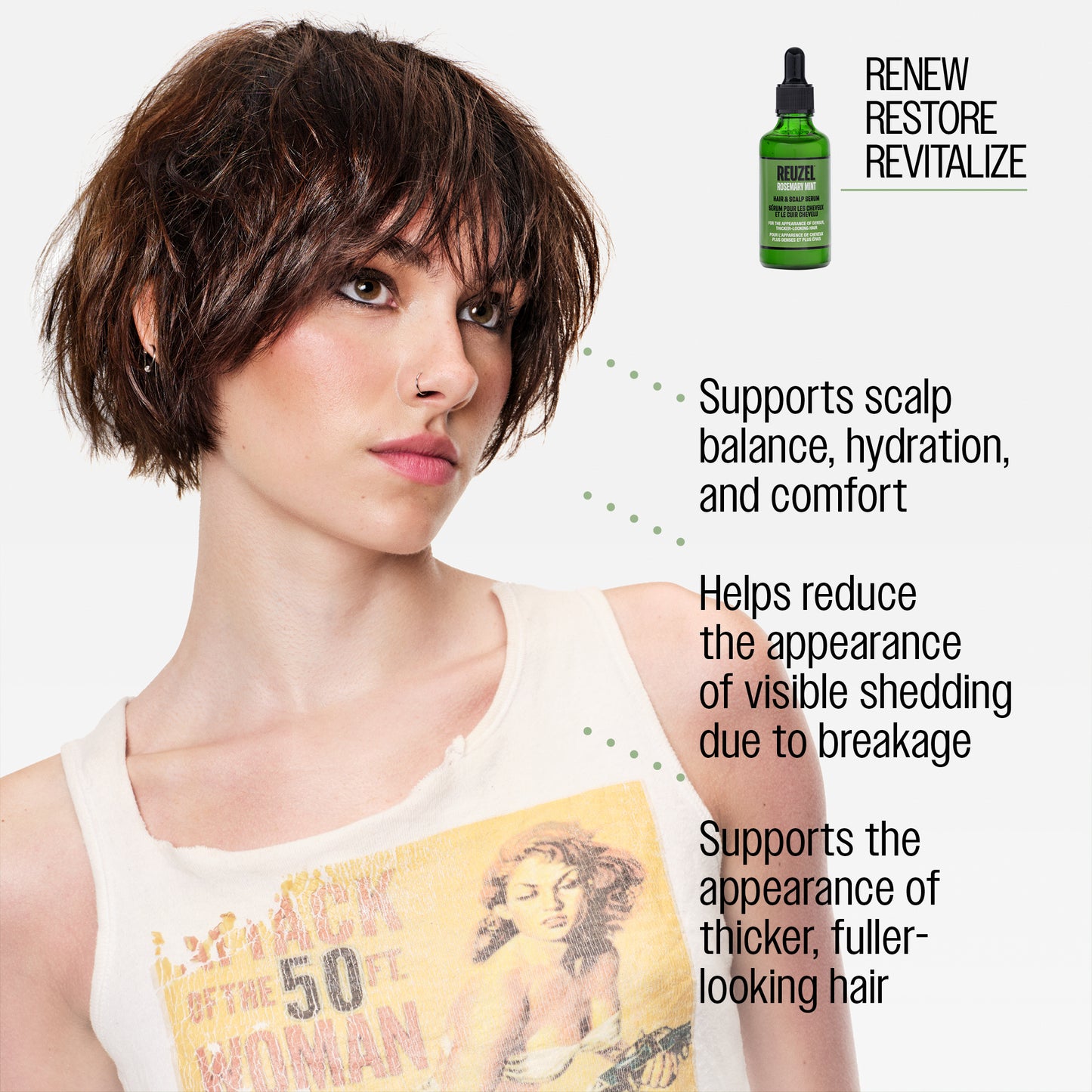 A woman with a short, textured brown hair shown against a light gray background, with product callout for REUZEL rosemary mint hair and scalp serum. text and a small bottle graphic reading 'RENEW RESTORE REVITALIZE. Supports scalp hydration, and comfort. Helps reduce the appearance of visible shedding due to breakage. Supports the appearance of thicker, fuller-looking hair."