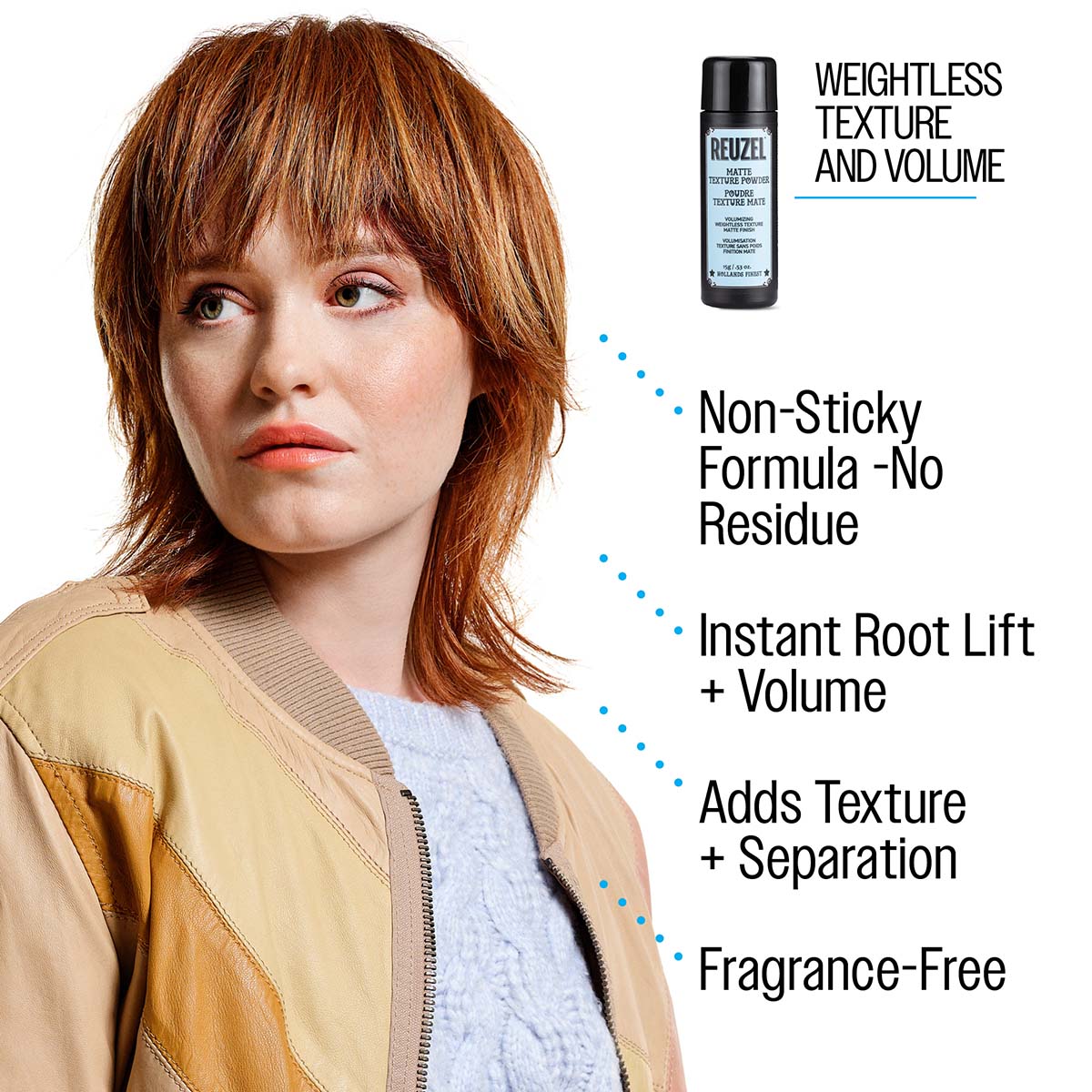 Weightless texture and volume non-sticky formula -no residue instant root lift and volume adds texture and separation fragrance free