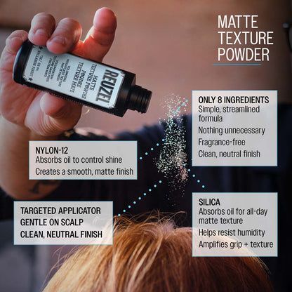 Matte texture powder only 8 ingredients simple, streamlined formula nothing unnecessary fragrance-free clean, neutral finish nylon-12 absorbs oil to control shine creates a smooth, matte finish silica absorbs oil for all-day matte texture helps resist humidity amplifies grip and texture targeted applicator gentle on scalp clean, neutral finish