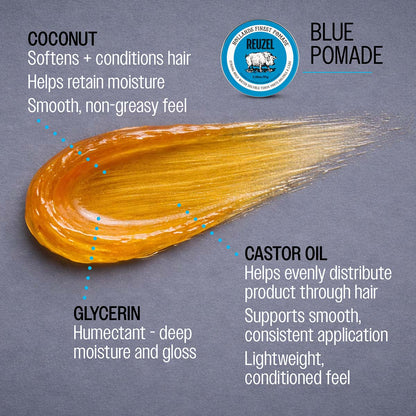Blue pomade coconut softens and conditions hair helps retain moisture smooth, non-greasy feel glycerin humectant - deep moisture and gloss castor oil helps evenly distribute product through hair supports smooth, consistent application lightweight, conditioned feel