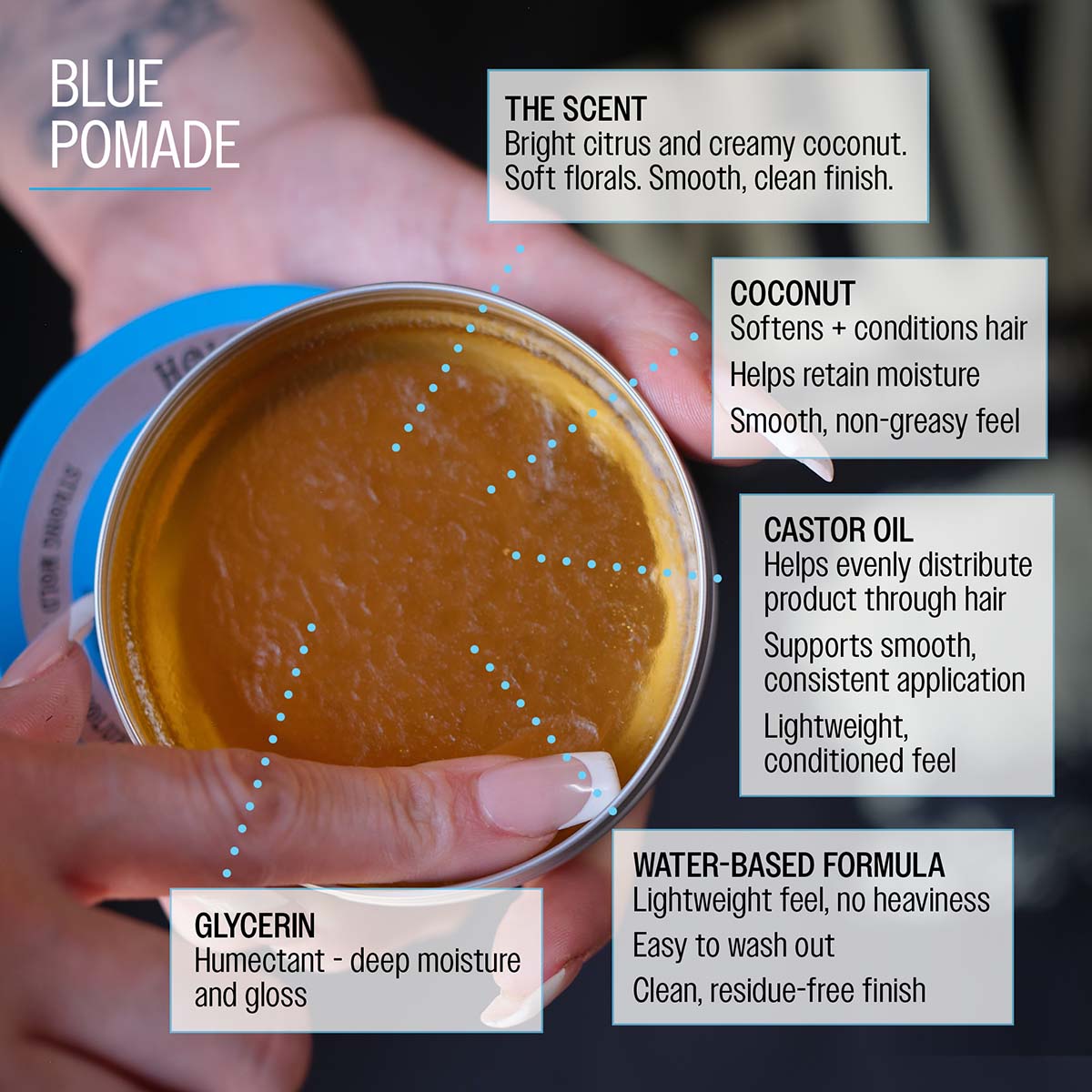 Blue pomade the scent bright citrus and creamy coconut. Soft florals. Smooth, clean finish. Coconut softens and conditions hair helps retain moisture smooth, non-greasy feel castor oil helps evenly distribute product through hair supports smooth consistent application lightweight, conditioned feel glycerin humectant - deep moisture and gloss water-based formula lightweight feel, no heaviness easy to wash out clean, residue-free finish
