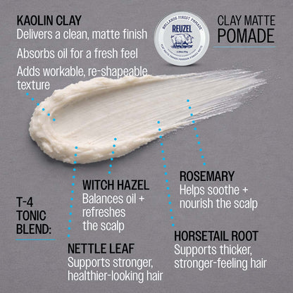 Clay matte pomade kaolin clay delivers a clean, matte finish absorbs oil for a fresh feel adds workable, re-shapeable texture T-4 tonic blend: nettle leaf supports stronger, healthier-looking hair witch hazel balances oil and refreshes the scalp horsetail root supports thicker, stronger-feeling hair rosemary helps soothe and nourish the scalp