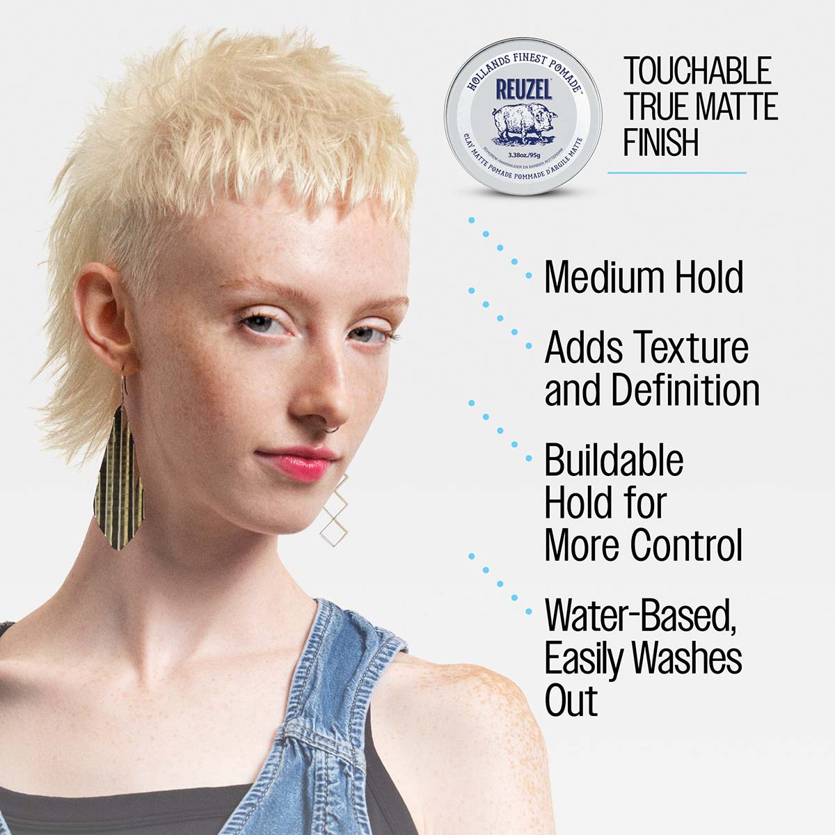 Touchable true matte finish medium hold adds texture and definition buildable hold for more control water-based, easily washes out