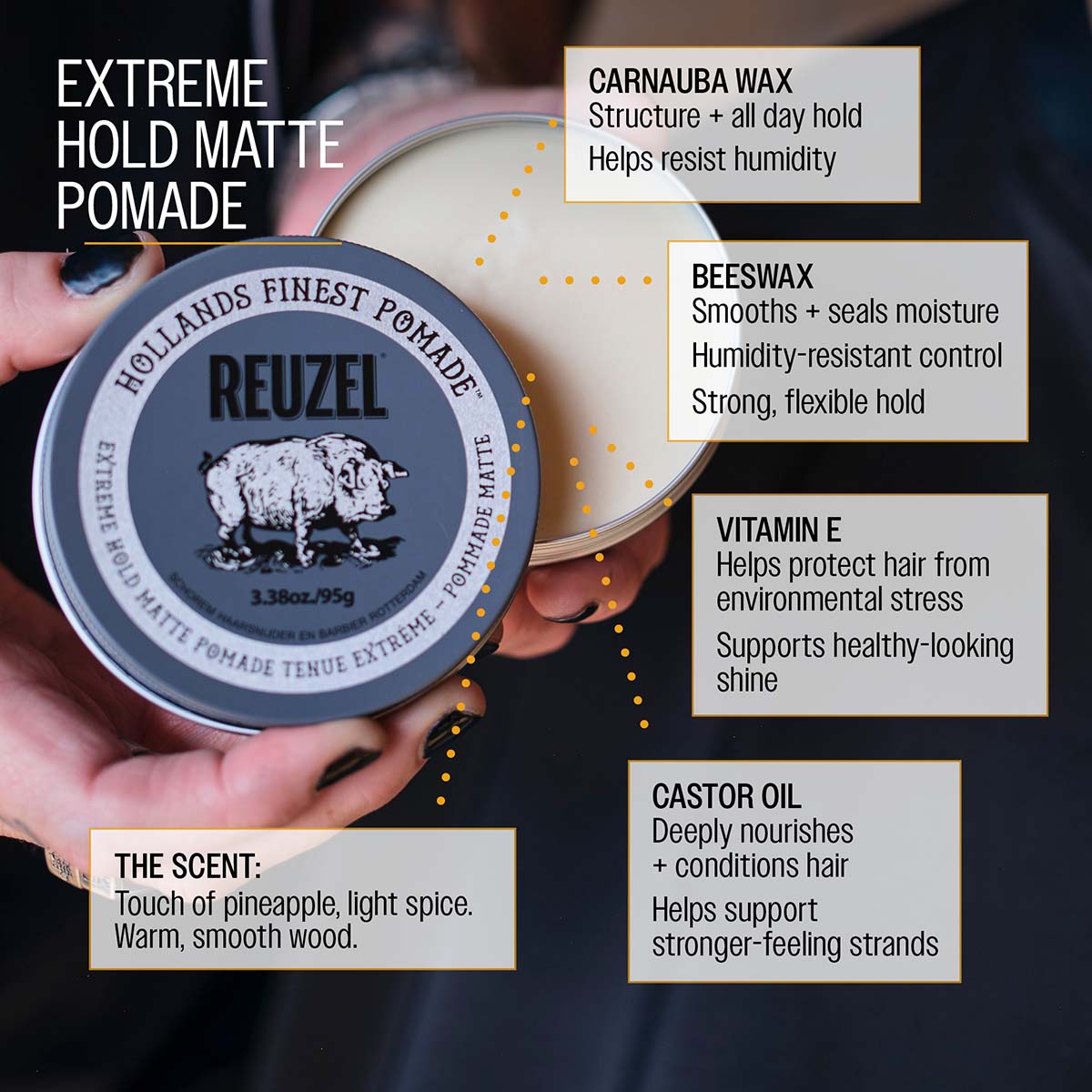 Extreme hold matte pomade carnauba wax structure and all day hold helps resist humidity beeswax smooths and seals moisture humidity resistant control strong, flexible hold vitamin e helps protect hair from enviornmental stress supports healthy-looking shine castor oil deeply nourishes and conditions hair helps support stronger-feeling strands the scent: touch of pineapple, light spice. Warm, smooth wood.