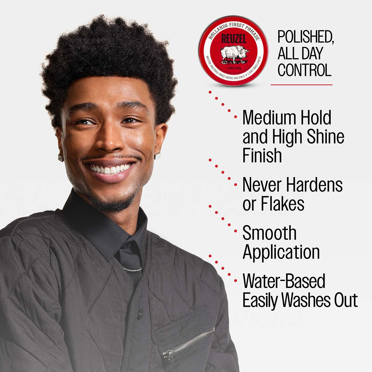 Polished, all day control medium hold and high shine finish never hardens or flakes smooth application water-based easily washes out