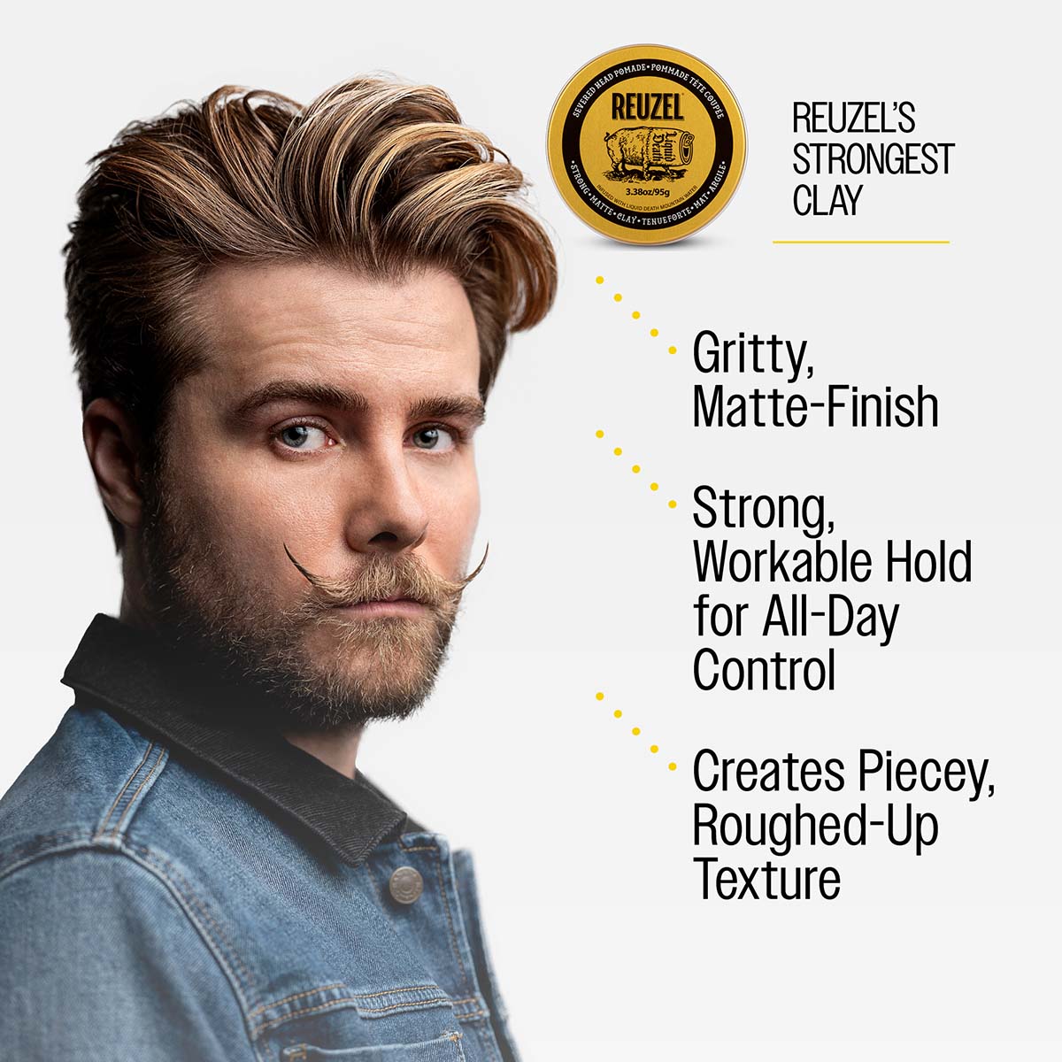 Reuzel's strongest clay gritty, matte finish, strong, workable hold for all-day control creates piecey, roughed-up texture