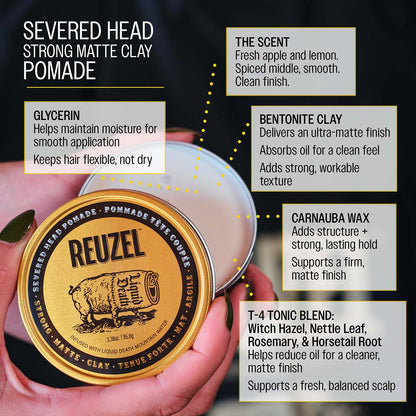 Severed head strong matte clay pomade glycerin helps maintain moisture for smooth application keeps hair flexible, not dry the scent fresh apple and lemon. spiced middle, smooth. clean finish. Bentonite clay deliveres an ultra-matte finish absorbs oil for a clean feel adds strong, workable texture carnuba wax adds structure and strong, lasting hold supports a firm, matte finish T-4 tonic blend: witch hazel, nettle leaf, rosemary, and horsetail root helps reduce oil for a cleaner, matte finish supports scalp