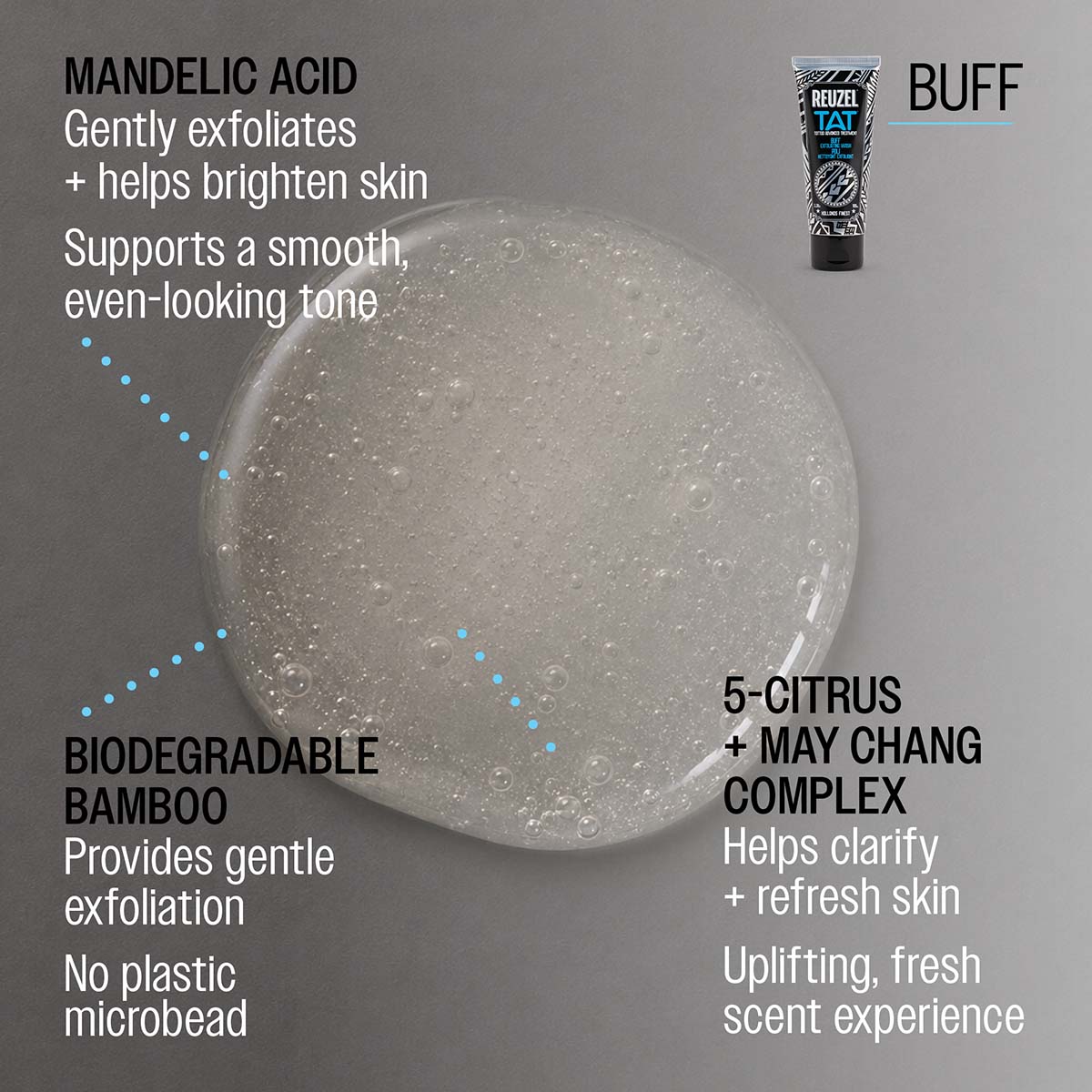 REUZEL tat buff
MANDELIC ACID
Gently exfoliates + helps brighten skin
Supports a smooth, even-looking tone

BIODEGRADABLE BAMBOO
Provides gentle exfoliation
No plastic microbeads

PAPAYA EXTRACT
Gently exfoliates + smooths skin
Helps brighten overall appearance

ALOE VERA
Helps soothe + calm skin
Supports hydration

5-CITRUS + MAY CHANG COMPLEX
Helps clarify + refresh skin
Uplifting, fresh scent experience