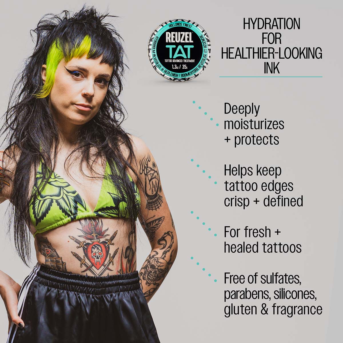 Reuzel TAT hydrabalm hydration for healthier-looking ink deelpy moisturizes and protects helps keep tattoo edges crisp and defined for fresh and healed tattoos free of sulfates, parabens, silicones, gluten and fragrance