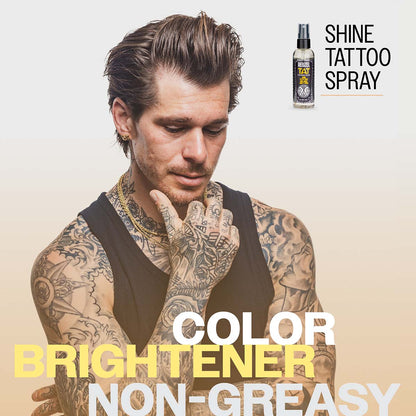 Male model with brown hair and heavily tattooed chest and arms

REUZEL Shine tattoo spray
COLOR BRIGHTENER

NON-GREASY