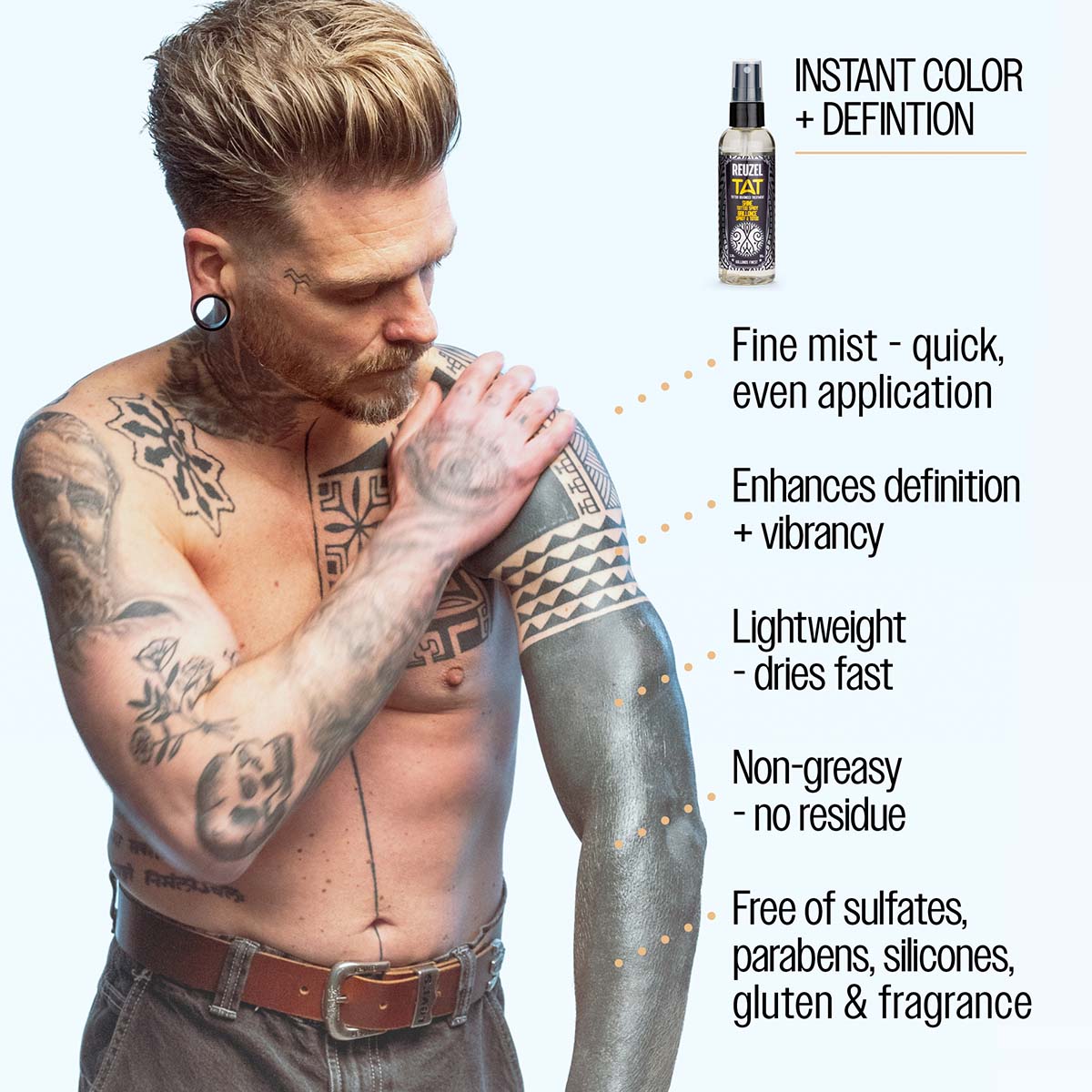 Reuzel TAT shine spray instant color and definition fine mist - quick, even application enhances definition and vibrancy lightweight - dries fast non-greasy no residue free of sulfates, parabens, silicones, gluten, and fragrance