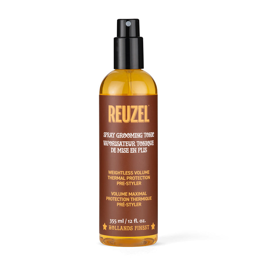 Reuzel Spray Grooming Tonic bottle, a lightweight spray for styling and conditioning hair, with a sleek design and label.