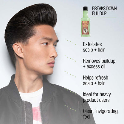Reuzel scrub shampoo breaks down buildup exfoliates scalp and hair removes buildup excess oil helps refresh scalp and hair ideal for heavy product users clean invigorating feel