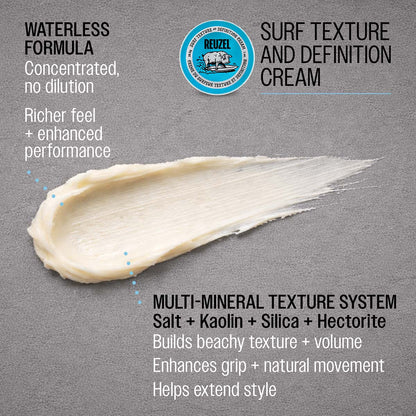 Reuzel surf texture and definition cream waterless formula concentrated no dillution richer feel and enchanced performance multi-mineral texture system salt and kaolin and silica and hectorite builds beachy texture and volume enhances grip and natural movement helps extend style