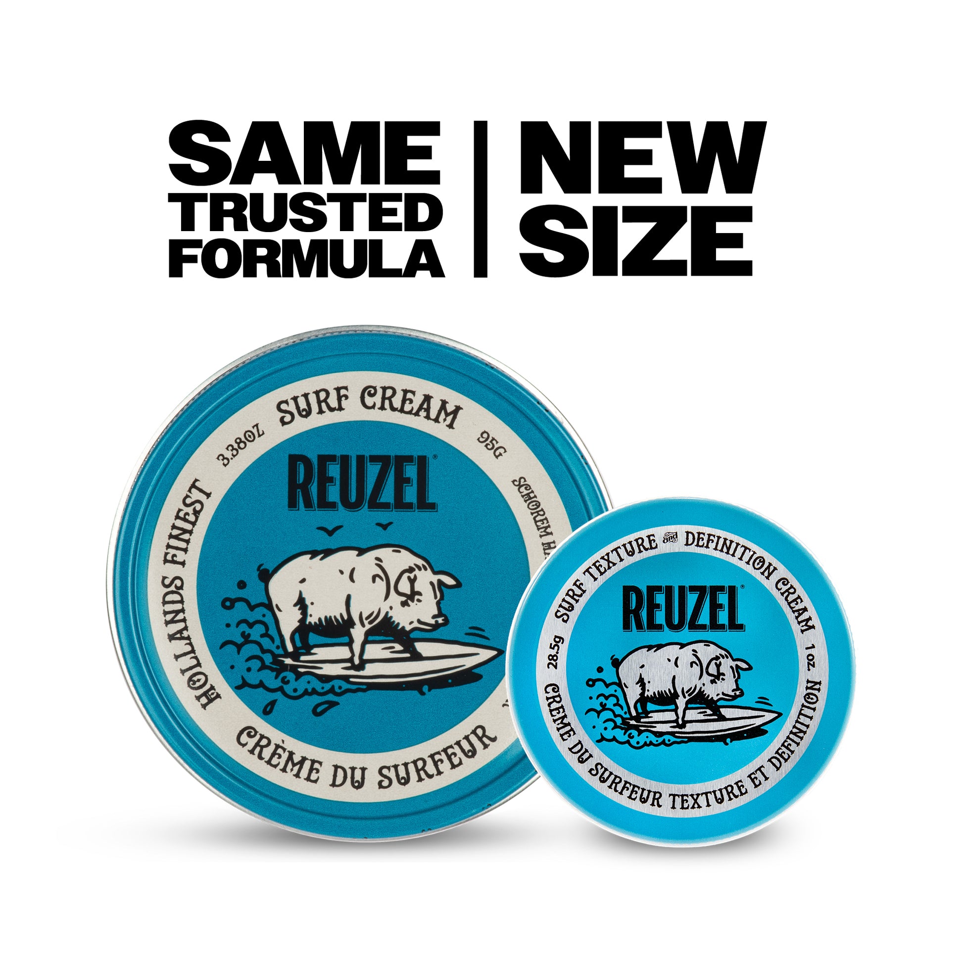 REUZEL Surf texture and definition cream SAME TRUSTED FORMULA NEW SIZE. Image shows old 3.38oz tin next to new 1oz tin.