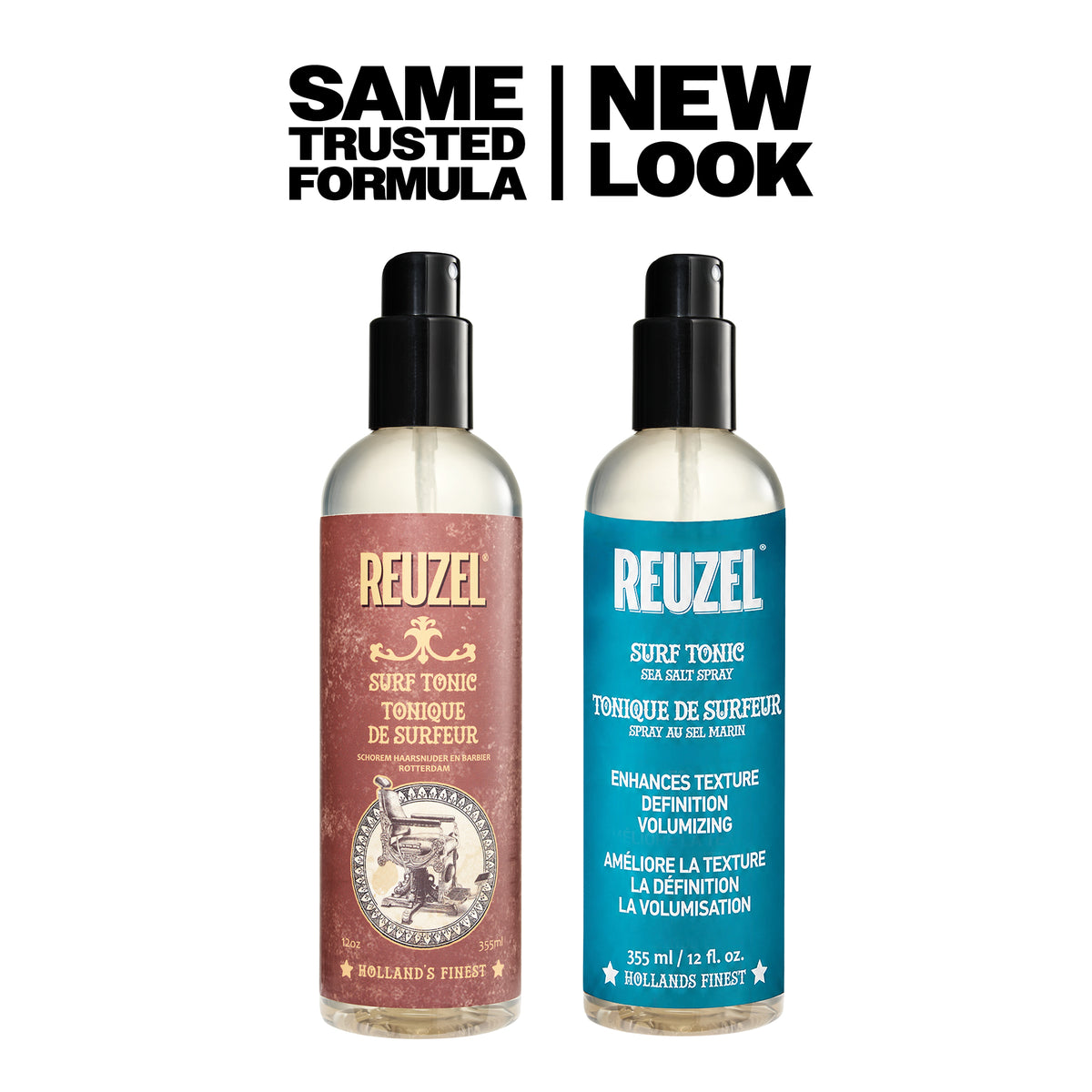 REUZEL Surf Tonic old vs new label image. "Same trusted formula new look"