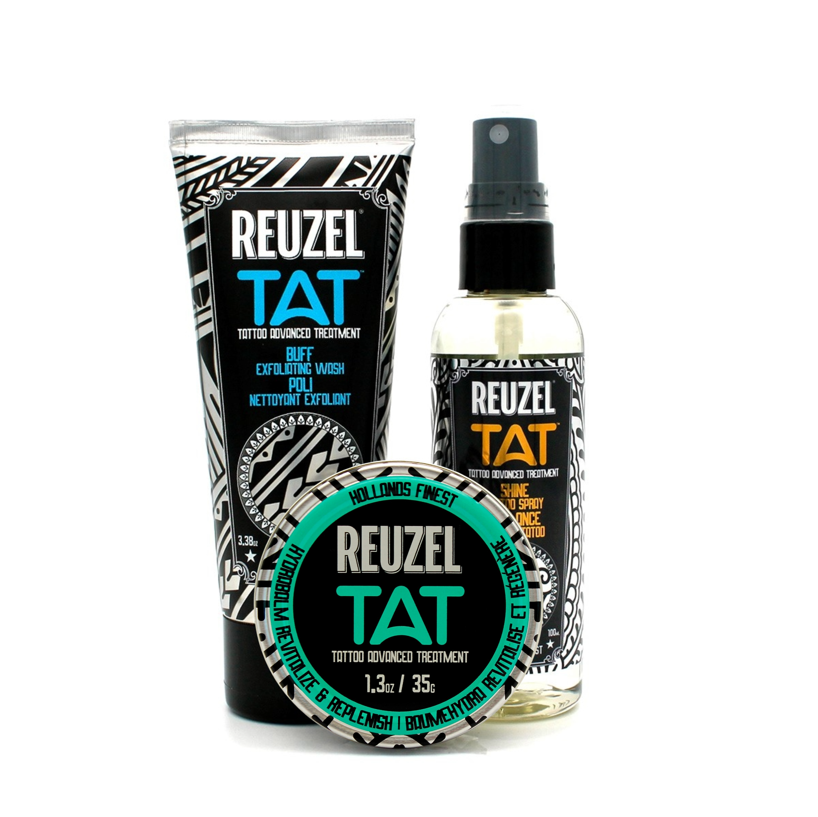REUZEL TAT bundle. Image features REUZEL'S TAT Buff exfoliating wash, SHINE Tattoo spray and Hydrabalm, tattoo advanced ointment.