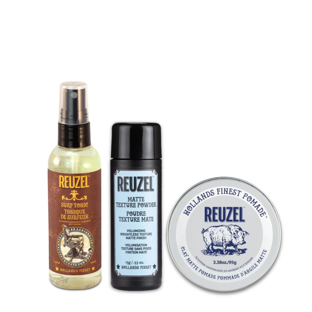REUZEL  Hold and texture clay setincluding matte texture powder, surf tonic sea salt spray, and clay matte pomade