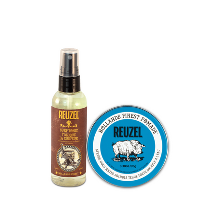 REUZEL texture and hold duo. Surf tonic travel size spray and blue pomade.