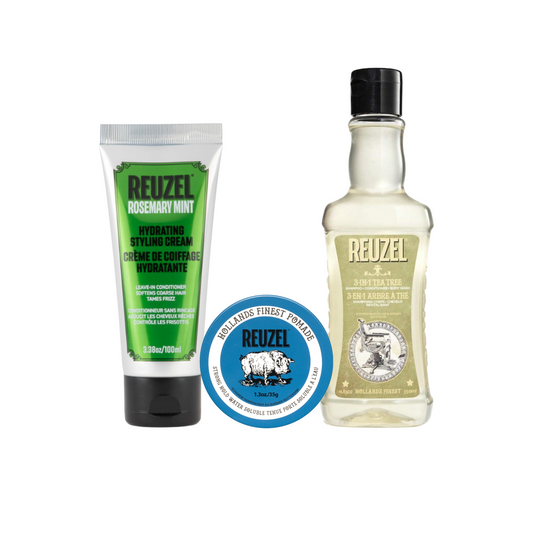 Textured hair care bundle includes 3-in-1 Tea Tree Shampoo, Hydrating Styling Cream Leave-in Conditioner, and Blue Pomade