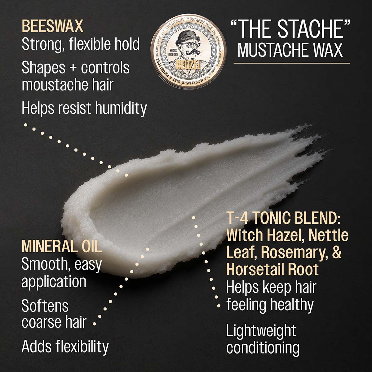 Reuzel "the stache" mustache wax beeswax strong flexible hold shapes and controles moustache hair helps resist humidity mineral oil smooth easy application softens coarse hair adds flexibility t-4 tonic blend: witch hazel, nettle leaf, rosemary, and horsetail root helps keep hair feeling healthy lightweight conditioning