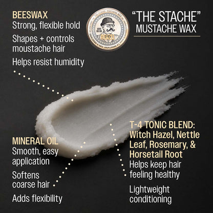 Reuzel "the stache" mustache wax beeswax strong flexible hold shapes and controles moustache hair helps resist humidity mineral oil smooth easy application softens coarse hair adds flexibility t-4 tonic blend: witch hazel, nettle leaf, rosemary, and horsetail root helps keep hair feeling healthy lightweight conditioning