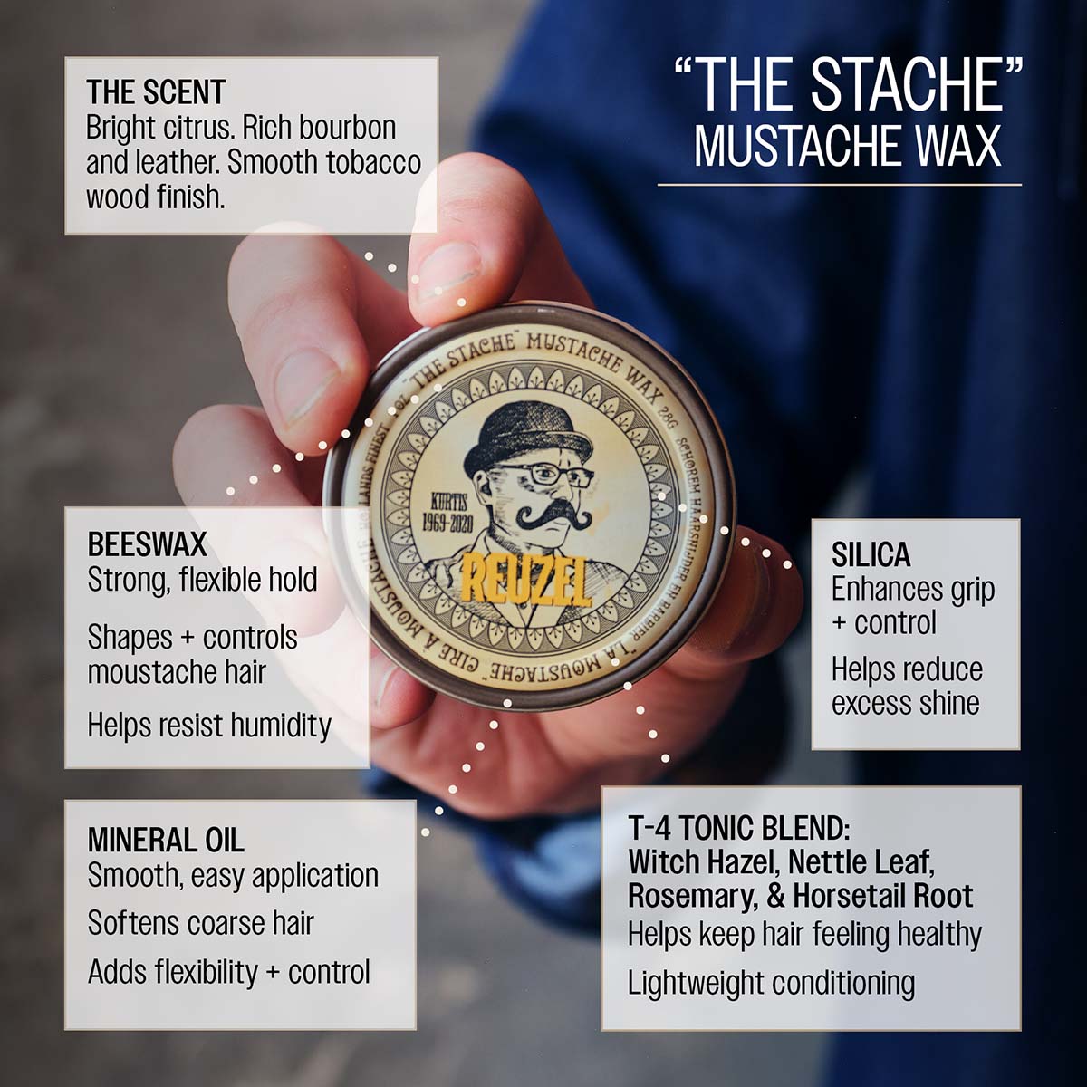 Reuzel "the stache" mustache wax beeswax strong flexible hold shapes and controles moustache hair helps resist humidity mineral oil smooth easy application softens coarse hair adds flexibility t-4 tonic blend: witch hazel, nettle leaf, rosemary, and horsetail root helps keep hair feeling healthy lightweight conditioning silica ehances grip and control helps reduce excess shine the scent bright citrus rich bourbon and leather smooth tobacco wood finish