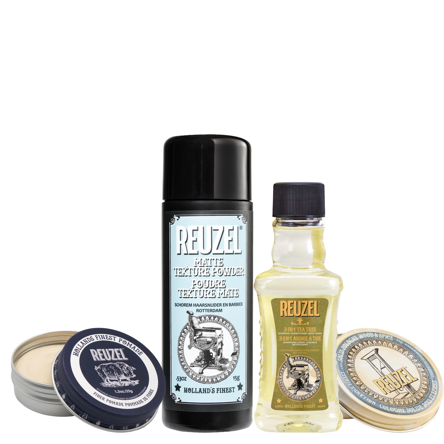 Reuzel Hair and Cologne Balm Try Me Kit with small jars of hair styling balm and fragrance for grooming.