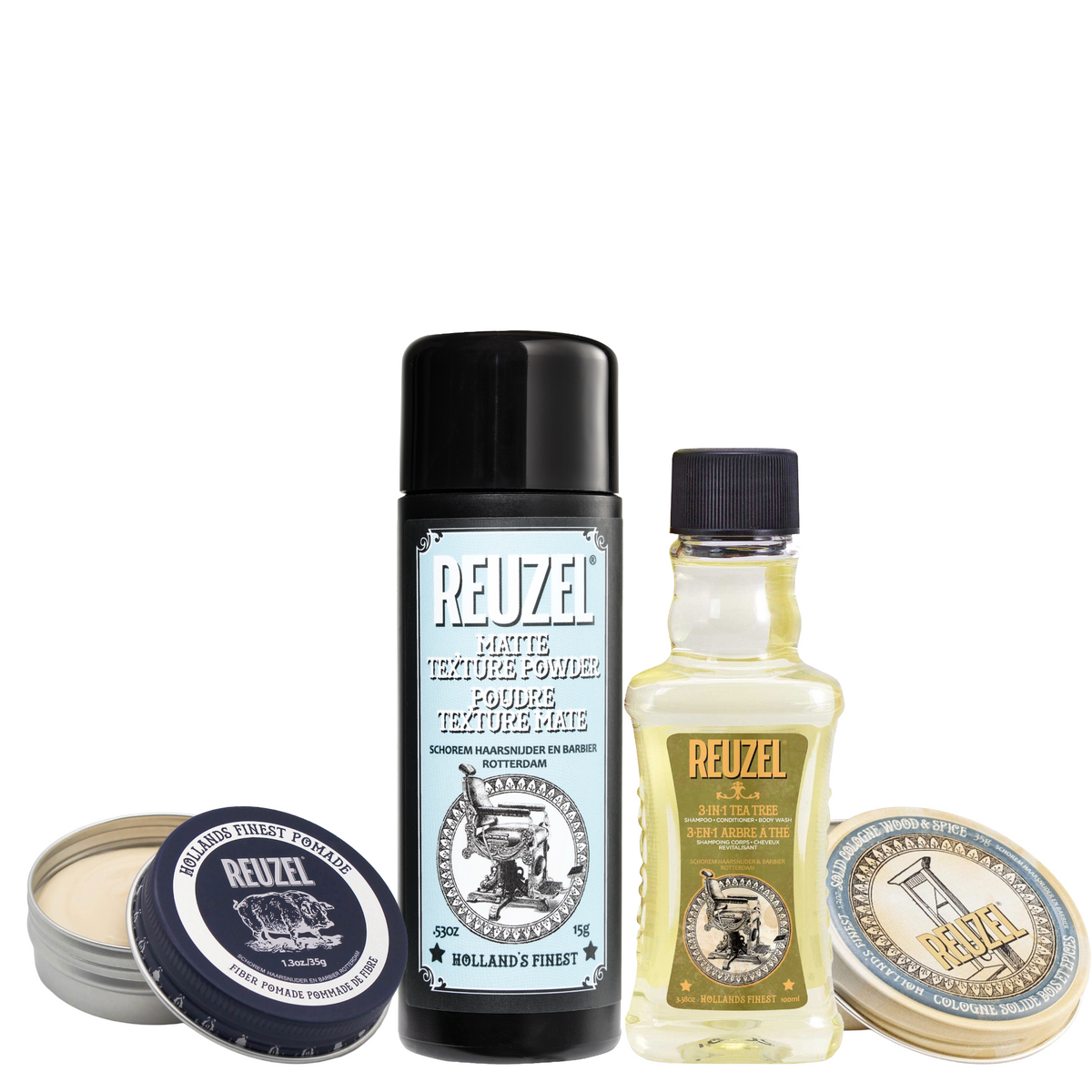Reuzel Hair and Cologne Balm Try Me Kit with small jars of hair styling balm and fragrance for grooming on white backround