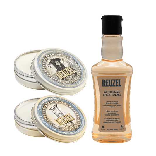 Reuzel Wood & Spice Beard Bundle Trio with beard oil, balm, and shampoo in stylish packaging for grooming care.