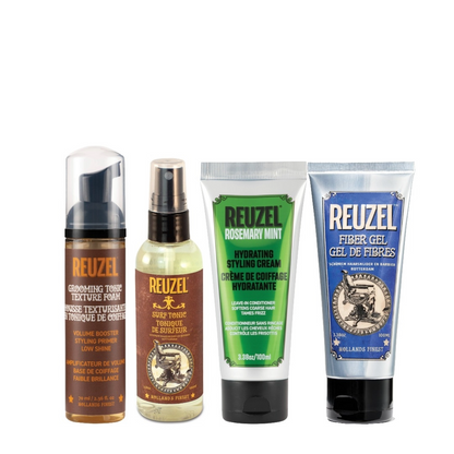 Reuzel grooming tonic texture foam Reuzel surf tonic Reuzel hydrating styling cream Reuzel fiber gel