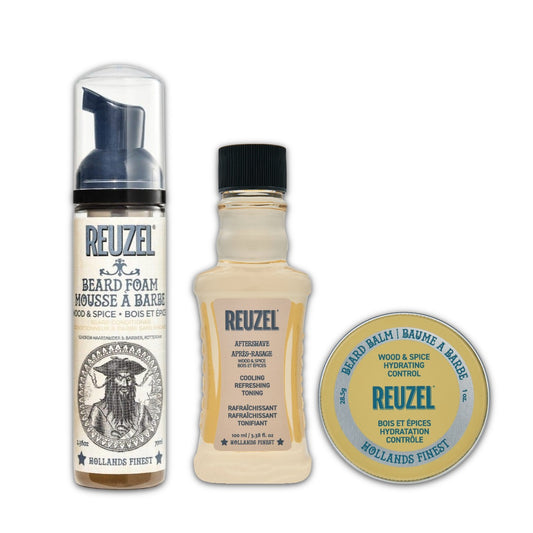 REUZEL Wood and Spice Beard set. Image of REUZEL Beard foam, aftershave and beard balm.