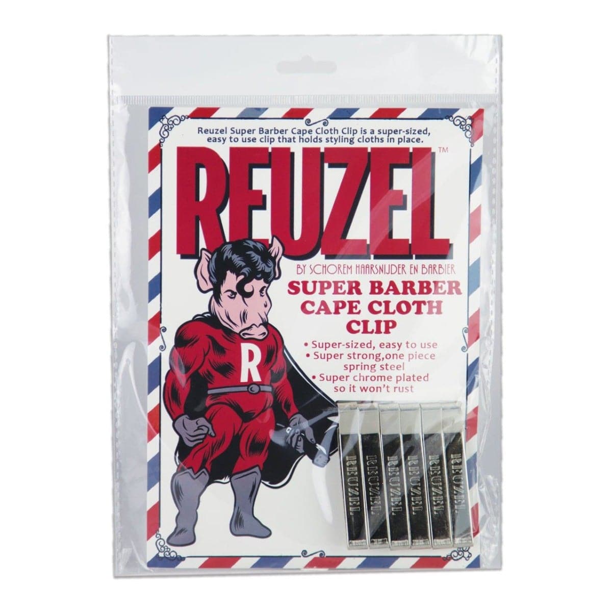Reuzelinc barber cape clips shown, sturdy metal clips used for securing barber capes during haircuts and styling.