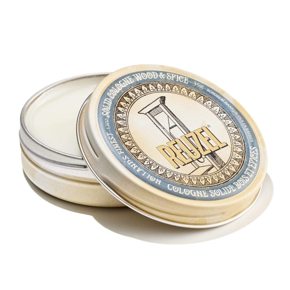 Wood & Spice Solid Cologne Balm in a small tin.